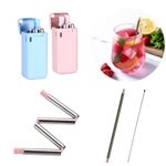 Reusable Straws, 2Pack Collapsible Portable Travel Foldable Metal Straws Stainless Steel Drinking Telescopic Straw with Case Cleaning Brushe Environmentally Drinking Straw Metal Straw Zelbuck