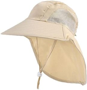 Cysocool Children Wide Brim Sun Hat with Neck Flap 4-13 Years Girls Ponytail Sun Hat Boys Mesh Cool Hat Anti UV Cap Neck Sun Protection Hat with Strap Kids Holiday Beach Boonie Hat Summer Hat UPF 50+,