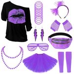 Geebuzz 80s Fancy Dress for Women, 1980s Costume Accessories Set, Lip Print T-shirt Tutu Skirt Fanny Pack Leg Warmers Fishnet Gloves Glasses Necklace Bracelets Earrings Lace Headband (Purple, 3XL)