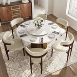 POVISON Modern Dining Table Set for 6, Cotton Linen Dining Chairs Set of 6 with Glossy White Sintered Stone Dining Table with Lazy Susan (59" Dining Table + 6 Chairs)