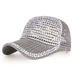 Women Men Studded Rhinestone Crystals Adjustable Ponytail Mesh Baseball Cap Shiny Bling Casual Sports Cap Breathable Sun Hat, B-Grey, 7/7 1/2