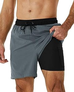 SILKWORLD Mens Swimming Trunks with Compression Liner 2 in 1 Quick-Dry Bathing Suits with Zipper Pockets,Black Grey,3X-Large