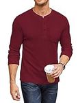 COOFANDY Men's Henley Shirts Long Sleeve Basic Waffle Pique Pullover T-Shirt with Pocket Wine Red