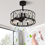 Whmetal cover Caged Ceiling Fan With Lights Remote, 20" Black Crystal Chandelier Fan with 5 Invisible Blades, 3 Wind Speed and 3 Timing Funtion for Bedroom, Living Room, Kitchen