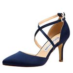 Elegantpark HC1901 Navy Blue Heels Cross Strappy Bridal Wedding Heels Pointed Toe High Heel Pumps for Women Evening Party Dress Shoes US 8.5