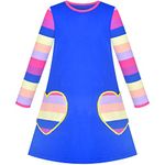 Sunny Fashion Girls Dress Blue Long Sleeve Heart Pocket Striped Casual Cotton Size 5 Years