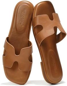 Project Cloud Fashion Flat Summer Sandals for Women 2025 - Leather Womens Sandals Comfortable Memory Foam Slides for Women Footwear - Mules Women's Sandals - Walking Sandals Women (Jannel,Cognac, 9)