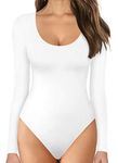 Shen&Qege Women's Bodysuits Scoop Neck long Sleeve Bodysuits Tops White