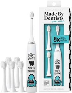 Made by Dentists Kids Electric Toothbrush - Rechargeable Vibrating Toothbrush with Timer, Includes 6 Replacement Heads, Gently Cleans Teeth, Kid & Toddlers Age 2+, Shark
