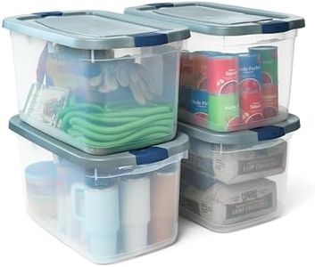 Rubbermaid Roughneck Clear 66 Qt/16.5 Gal Storage Containers, Pack of 4 with Snap-Fit Grey Lids, Visible Base, Sturdy and Stackable, Great for Storage and Organization