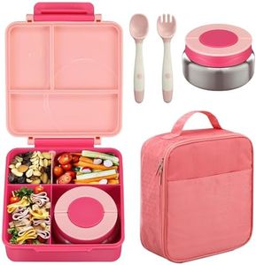 Bento Lunch Box Set for Kids with 8oz Soup Thermo, Leak-Proof Lunch Containers with 4 Compartment, Kids Thermo Hot Food Jar and Insulated Lunch Bag for Kids to School-Pink