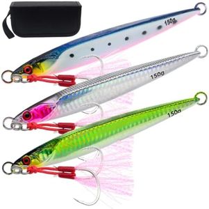Gefischtter 3pcs Saltwater Vertical Fishing Jigs Metal Jigging Spoon Speed Fast Deep Sea Jigging Fishing Lures Luminous Lead Jigs with Assist Hooks for Tuna,Bass,Dogtooth,Grouper/5.29oz(150g)