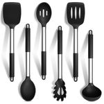 HaWare Kitchen Utensils Set, 6 Pcs Black Silicone Cooking Utensils, Heat Resistant Stainless Steel Handle for Non-Stick Cookware, Kitchen Tools Include Ladle Turner Spoon Pasta Server, Dishwasher Safe