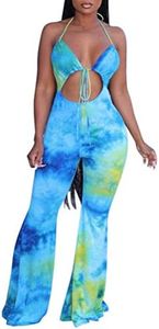Remelon Womens Spaghetti Strap Halter Tie Dye Print Cut Out Bodycon Bell Flare Pants Club Party One Piece Jumpsuits Rompers Blue XL