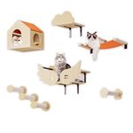 automoris Cat Wall Shelves for Wall,8 Pcs Cat Wall Climber,Cat Wall Furniture for Indoor Cat,Cat Shelves with Cat Stairs, House and Bridge, Pine with Wing Shape-Orange & Beige