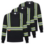 ProtectX Men's High Visibility Heavy Duty Long Sleeve Reflective Safety T-Shirts for Construction, Class 2-3 Type R, Black Long Sleeve 3-pack, X-Large