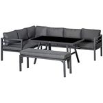 Outsunny 4 Piece L-shaped Garden Furniture Set 8-Seater Aluminium Outdoor Dining Set Conversation Sofa Set w/Bench, Dining Table & Cushions, Grey