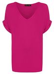 WearAll Women's New Plus Size Womens Short Turn Up Sleeve Baggy Plain Top Ladies V-Neck T-Shirt ((XX/L) 20-22, Cerise)