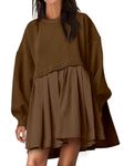 ANRABESS Women Sweatshirts Dress Oversized Long Sleeve Patchwork Casual Loose Pleated Pullover Mini Dress Fall Outfits 2024, Coffee, Large