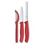 Victorinox Swiss Made Stainless Steel Swiss Classic Kitchen Knife Set of 3, Straight Edge and Wavy Edge Knife with Multipurpose Peeler, Professional and Household Use, Red | 6.7111.31