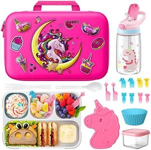 Unicorn Lunch Box for Girls with Lunch Bag Bento Box Set - Insulated Lunch Bag with 4 Compartment Bento Box Water Bottle Ice Pack Silicon Cap Salad Container for Kids Back to School Ideal for Age 6-15