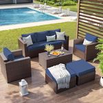 DRX 6 Piece Patio Furniture 7 Seats Wicker Outdoor Sectional, Thick Cushions Patio Couch Chair with Ottoman & Table for Porch, Balcony (Drak Brown & Blue)