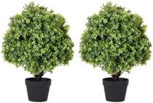 THE BLOOM TIMES 2ft Boxwood Topiary Ball Trees Artificial Outdoor Set of 2, 24" UV Resistant Faux Evergreen Plants Outside Greenery, Fake Potted Bushes and Shrubs for Front Porch Patio Planter Decor
