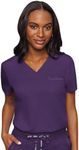 Med Couture Women's V-Neck Scrub Top, Modern Fit Tuck-in Top with Stretchy Rib-Knit Shoulders and Chest Pocket - MC7448, Eggplant, Small