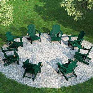 THOEOE Folding Adirondack Chair Set of 8, HDPE All-Weather Outdoor Chair with Cup Holder, Wooden Textured, Fire Pit Chair, Plastic Patio Chair for Deck, Backyard, Garden, Lawn, Green