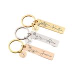 Adornkeys Stainless Steel Personalized Keychain With Birth Flower,Custom Name Keychain,Engraved Keyring,Initial Keychain Anniversary Gift,Birthday Gift For All, Gold