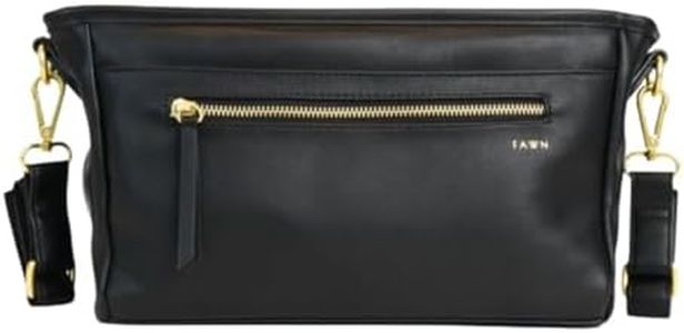 FAWN DESIGN The Stroller Caddy, Premium Matte Faux Leather Stroller Organizer with Cup Holder, Black Diaper Bag with Adjustable Stroller Straps, 2 Exterior Pockets 1 Zipper Pocket, 14x 5x 7 inches