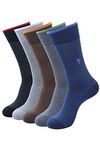 BALENZIA Men's Solid Colored Formal Crew/Calf Length Socks (Free Size) Made with Cotton & Spandex - Combo Pack of 5 (Black, L.Grey, D.Grey, Brown, Navy)