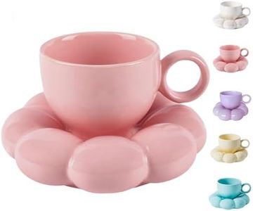 ARISKEY Ceramic Cloud Mug Coffee Mug with Sunflower Coaster- Flower Cups Novelty Coffee Mug Set with Saucer and Spoon- 6.5 oz/200 ml Creative Mug for Latte Milk and Tea-Pink