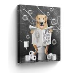 Golden Retrievers in Toilet Bathroom Wall Art Funny Bathroom Pictures Wall Decor Farmhouse Dog Bathroom Painting for Toilet Bathroom Animals Artwork Framed 12"x16"