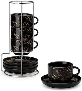 MALACASA 8 OZ Porcelain Espresso Cups with Saucers and Metal Stand Set of 4, Stackable Cappuccino Cups, Marble Black Expresso Shots Cup Set for Coffee Drinks, Latte, Tea