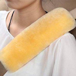 OGLAND 1 Piece Fur Comfort Authentic Fluffy Sheepskin Car Seat Belt Pads, Soft Texture Shoulder Neck Cushion Pad, Genuine Australia Merino Wool Seatbelt Cover (Golden Yellow)