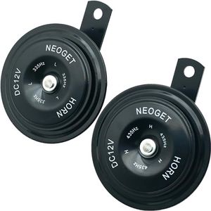 NEOGET Car Horn 12V Electric Universal Disc Horn Metal Super Loud High Low Twin Tone Fit Motorcycle Vehicles Truck Replacement Kit with Bracket (Black)