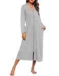 Ekouaer Women Zipper Robe Long Sleeve Loungewear Lightweight Housecoat Full Length Nightgown with Pockets (Gray, Large)