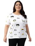 JUNEBERRY® 100% Pure Cotton Regular Fit Latest & Trendy All Over Prints Half Sleeve Plus Size T-Shirt for Women & Girls (PS_Cartoon_WHT_4XL)