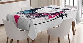 Ambesonne Music Tablecloth, Grunge Headphone with Digital Paintbrush Effects and Heart Nightclub Graphic, Dining Room Kitchen Rectangular Table Cover, 52W X 70L inches, Hot Pink Black Blue