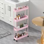 SPACELEAD Slim Storage Cart 4 Tier,Bathroom Storage Organizer Rolling Utility Cart, Mobile Shelving Unit Slide Out Storage Cart for Office, Bathroom, Kitchen, Laundry Room & Narrow Places， Pink