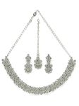 Sukkhi Excellent Rhodium Plated Silver AD White Stone Collar Bone Necklace Set With Earring And Maangtika | Jewellery Set For Women (NS105634)