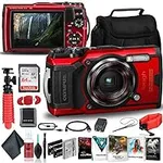 OM SYSTEM OLYMPUS Tough TG-6 Waterproof Camera (Red) - Adventure Bundle - with 2 Extra Batteries + Float Strap + Sandisk 64GB Ultra Memory Card + Case + Flex Tripod + Photo Software Suite + More