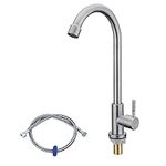 Cold Water Only Faucet 1 Hole Gooseneck Kitchen Sink Taps with 360 Degree Swivel Spout Lead-Free Single Handle SUS304 Stainless Steel Deck Mount Sink Bar Tap with One 80CM Long Hose Brushed Nickel