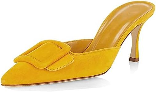 Divanne Heeled Mules for Women, Pointed Toe Slingback Pumps Buckle Kitten Heels Mules Slides Backless Dress Sandals-Yellow-6M US