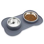 Dog Bowls Non Slip,Pecute Stainless Steel Double Bowls Set with Non-Spill Silicone Mats Tray for Medium Dogs Water Food Feeding (26oz Each Bowl ,Grey)