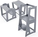 FULANDL Kids Kitchen Step Stool, Wooden Children Standing Tower with Adjustable Standing Platform and Safety Rail, Toddlers Learning Helper Stool for Kitchen Counter Bathroom(Grey)