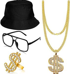 AUTOWT 4 Pieces Hip Hop Costume Kit, 80s 90s Rapper Accessories, Bucket Hat, Sunglasses, Gold Chain, Ring for Men and Women Party Supplies