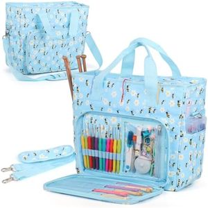 Yarn Storage Organizer Travel Crochet Bag, Large Capacity Tote Bag Knitting Bag for Carrying Projects, Knitting Needles, Crochet Hooks and Yarn, Blue Floral and Bees