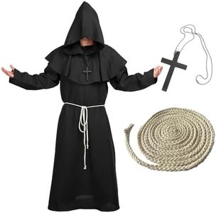 BIGLUFU Deguisement Moine, Halloween Prêtre Moine Costume Capuche Médiéval Capot Encapuchonné Moine Costume de Sorcier avec Corde de Taille de Cape et Collier de CroixDeguisement Robe (Noir, XXL)
